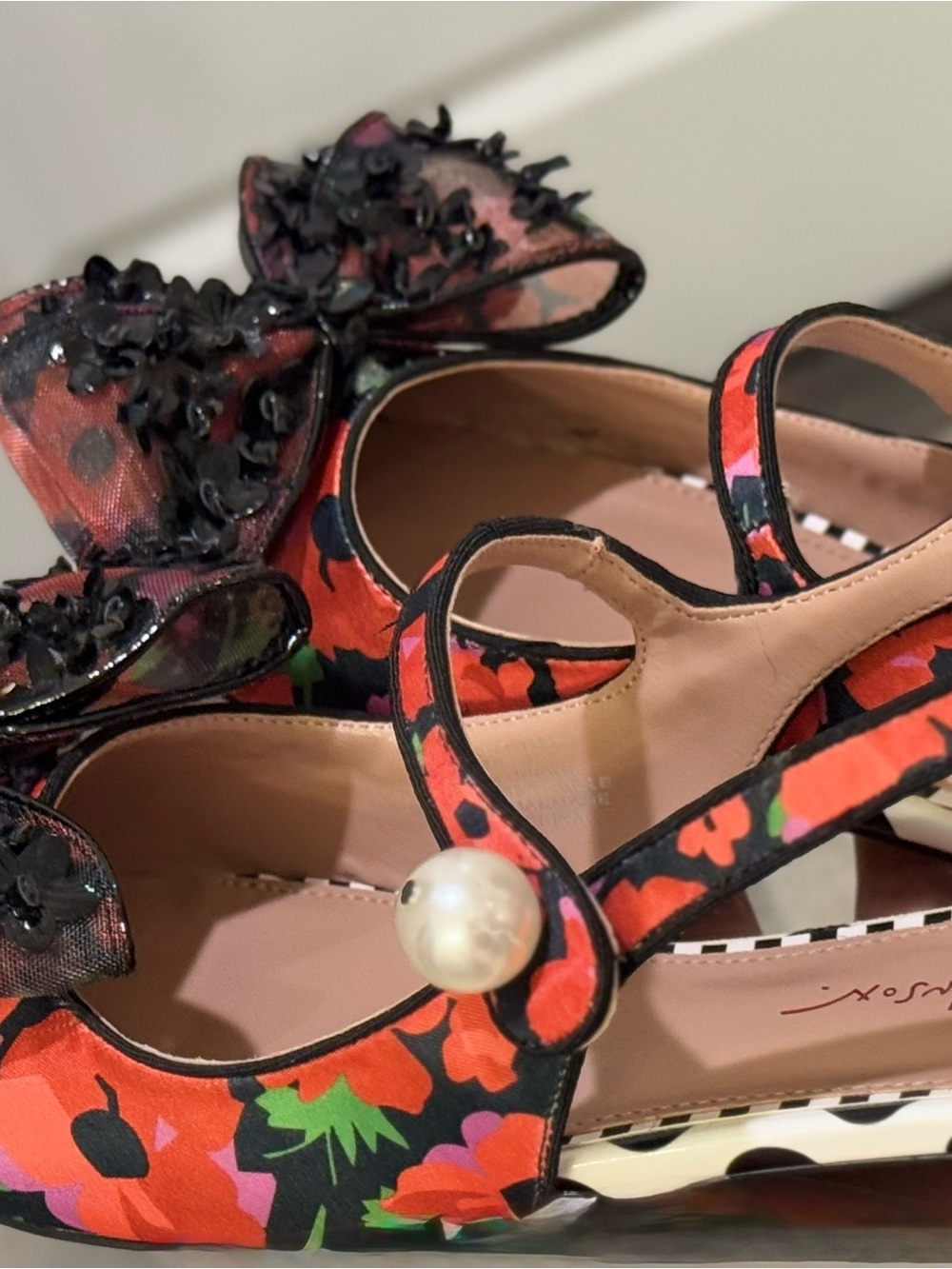 Betsey Johnson Livy Black Poppy - Floral Mary Jane’s with Bow & Pearl - Picture 3 of 13
